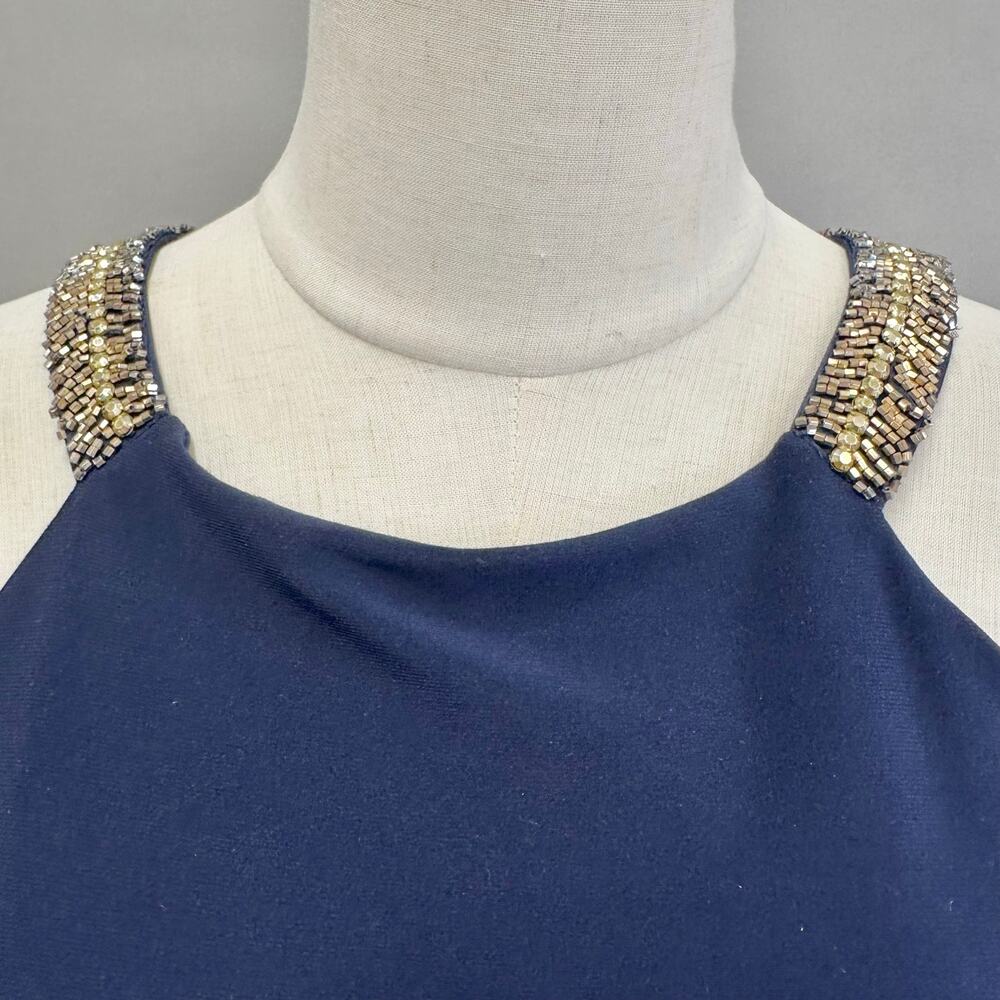 LRL Ralph Lauren Evening Navy Ruched Beaded‎ Sheath Dress Size 8 - Picture 9 of 14